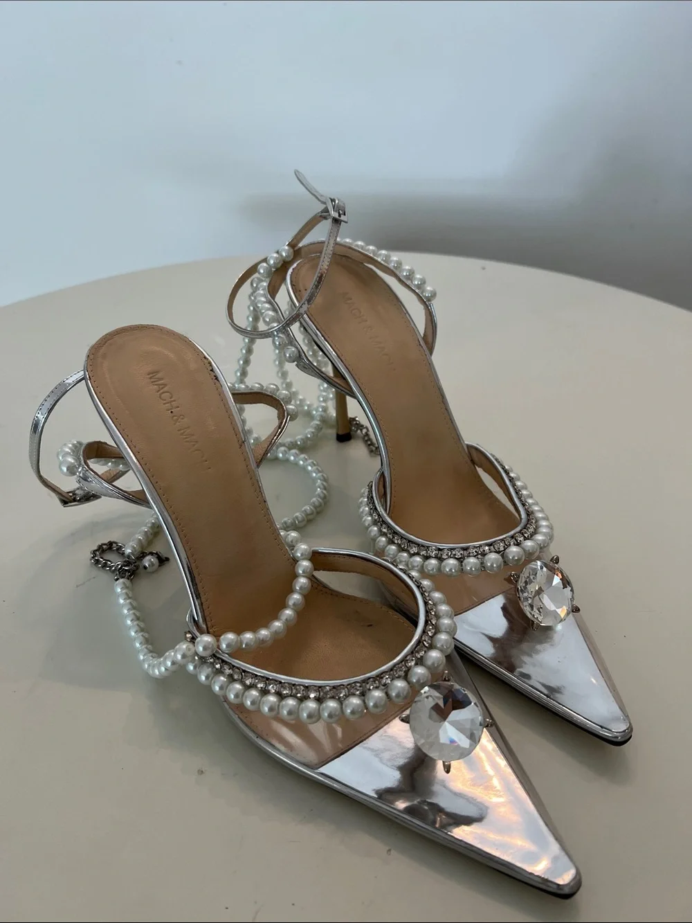Mach & Mach Pearl-Trim Silver Pointed Toe Slingback Heels